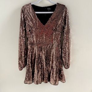 Shining Rose Gold Sequin Long Sleeve Dress NYE Party Sexy
